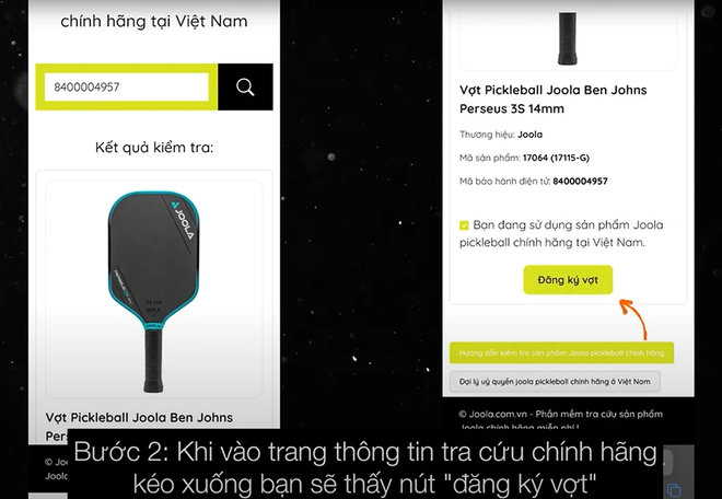 Vợt Joola chính hãng sẽ hiện ra thông tin vợt và nút đăng ký 