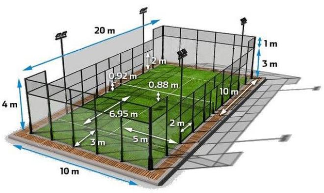 Kích thước sân padel chuẩn quốc tế là một hình chữ nhật có chiều dài 20m và chiều rộng 10m