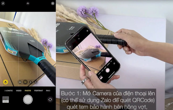 Sử dụng điện thoại để quét mã QR bên hông cán vợt