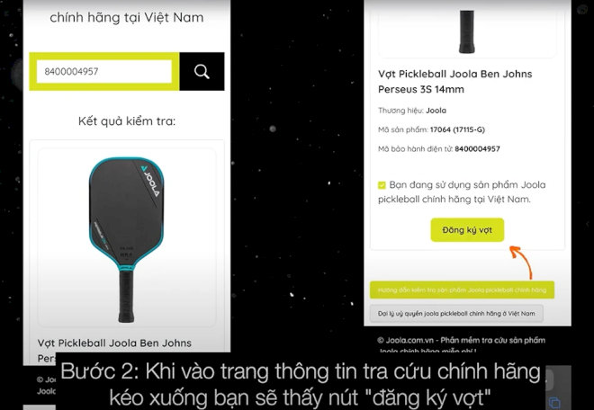 Vợt Joola chính hãng sẽ hiện ra thông tin vợt và nút đăng ký 