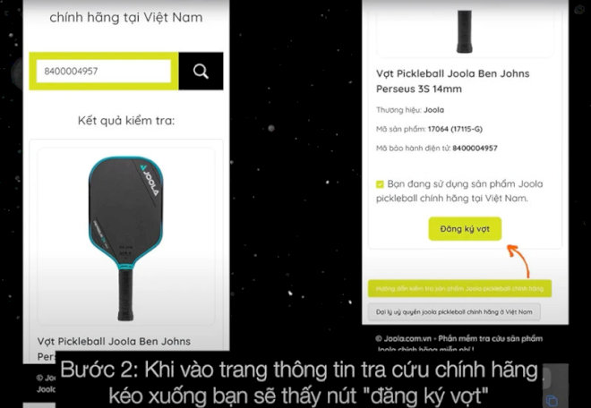 Vợt Joola chính hãng sẽ hiện ra thông tin vợt và nút đăng ký