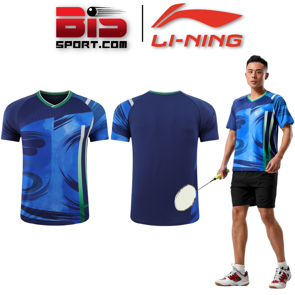 Áo Cầu Lông , Bóng Bàn Li-ning 6208A Nam Hàng Cao Cấp F1 Xanh Đen - Chất Thun Lạnh , Co Giãn Tốt , Thoáng Khí Nhanh