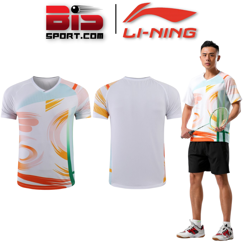 Áo Cầu Lông , Bóng Bàn Li-ning 6208A Nam Hàng Cao Cấp Trắng Kiểu  - Chất Thun Lạnh , Co Giãn Tốt , Thoáng Khí Nhanh