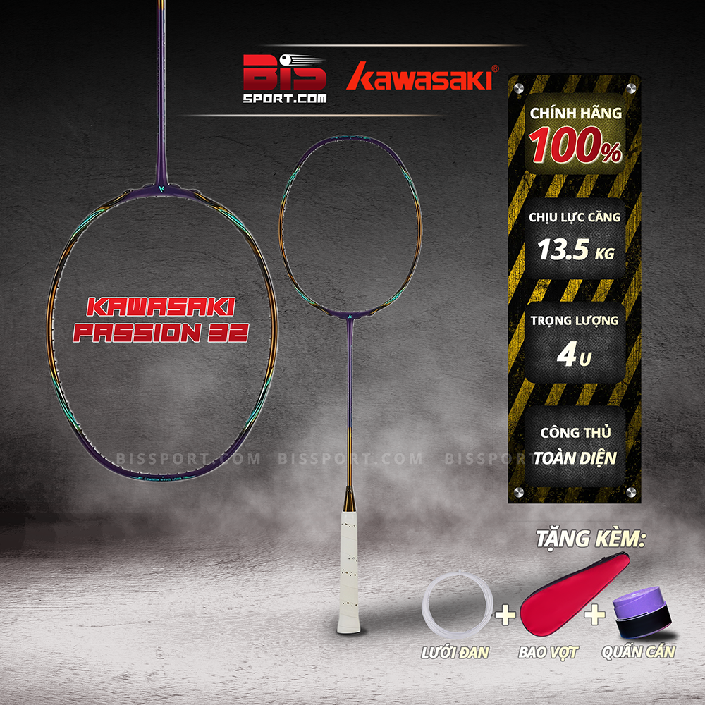 Vợt Cầu Lông Kawasaki Passion P32 Tím Vàng Đồng - Công Thủ Toàn Diện , Dành Cho Những Bạn Thích Tấn Công Bất Ngờ