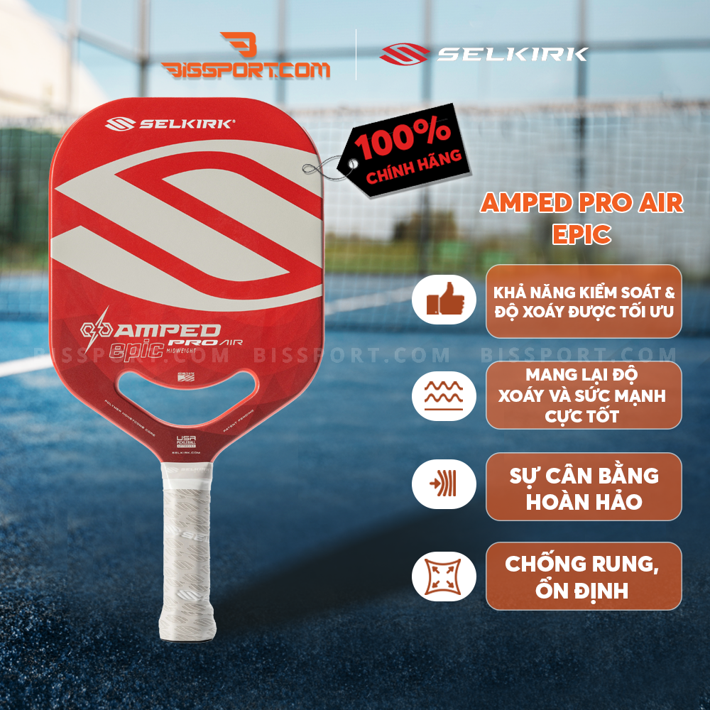 Vợt Pickleball AMPED Pro Air - Epic Chính Hãng - Màu Đỏ - Kiểm Soát - Độ Xoáy Được Tối Ưu - Lõi X5+Honeycomb - 16mm