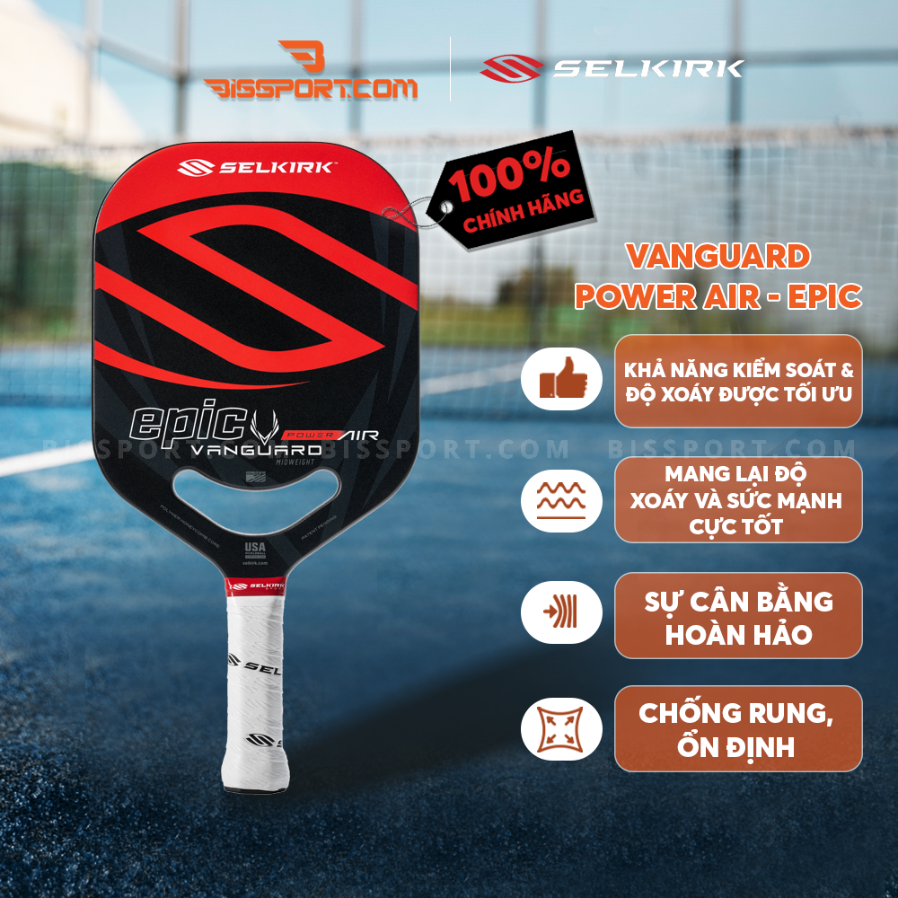 Vợt Selkirk Vanguard Power Air Epic Chính Hãng - Đỏ - Toàn Diện - Mặt Vợt QuadFlex - Lõi SuperCore Tổ Ong Polypropylene