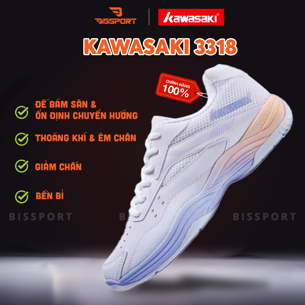 Giày Cầu Lông Kawasaki A3318 Trắng Tím Chính Hãng – Nhẹ, Êm, Bám Sân Tốt - Chống Chấn tốt - Đế Siêu Mềm