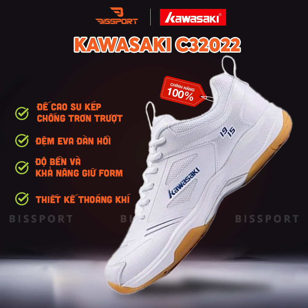 Giày Cầu Lông Kawasaki C32022 Trắng Xanh Chính Hãng - Đế Bám Mọi Sân - Bền Bỉ - Nhẹ Nhàng - Ổn Định - Êm Ái