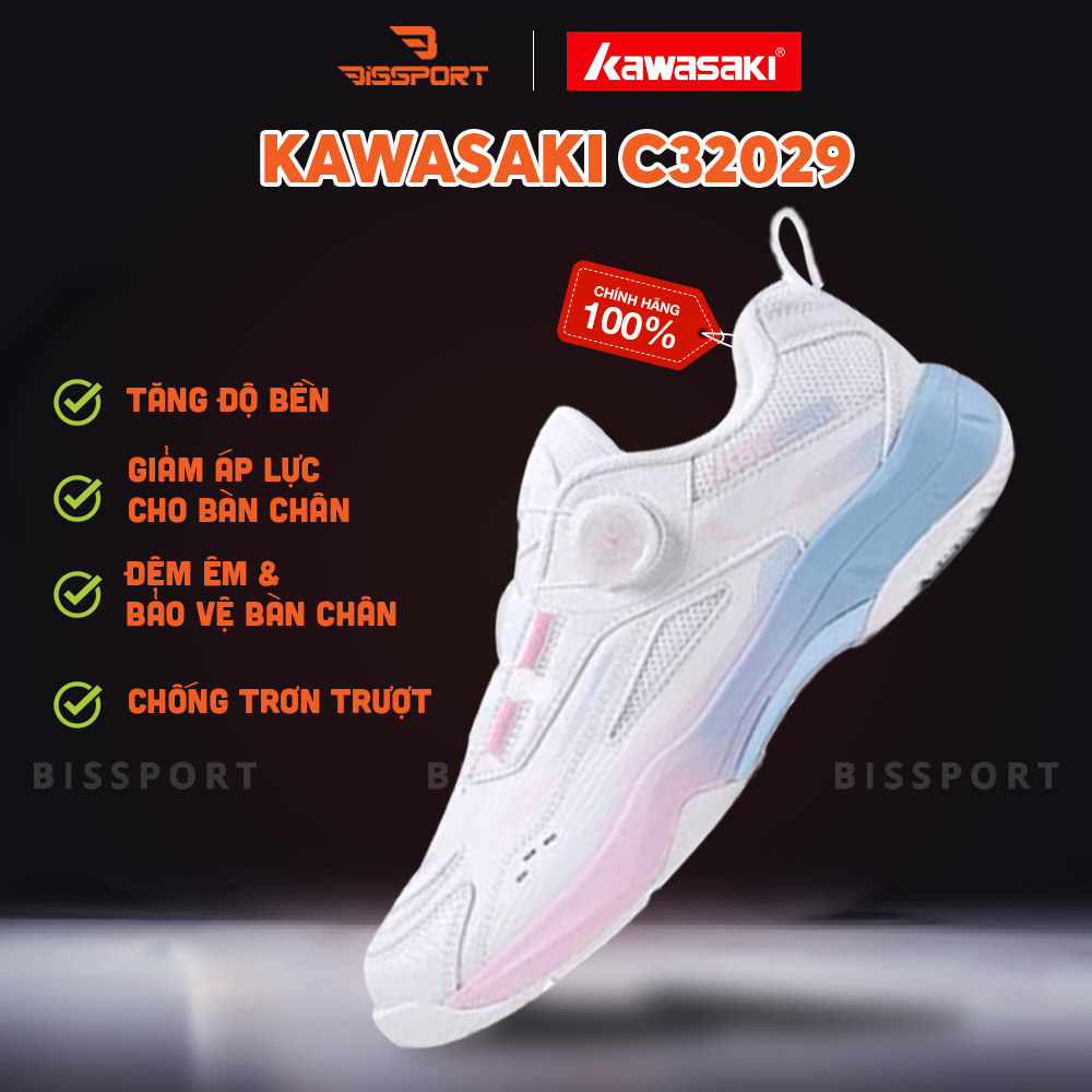 Giày Cầu Lông Kawasaki C32029 Trắng Hồng Chính Hãng Khóa BOA - Bền Bỉ - Chắc Chân - Nhẹ Nhàng - Êm Ái - Đế Bám Mọi Sàn