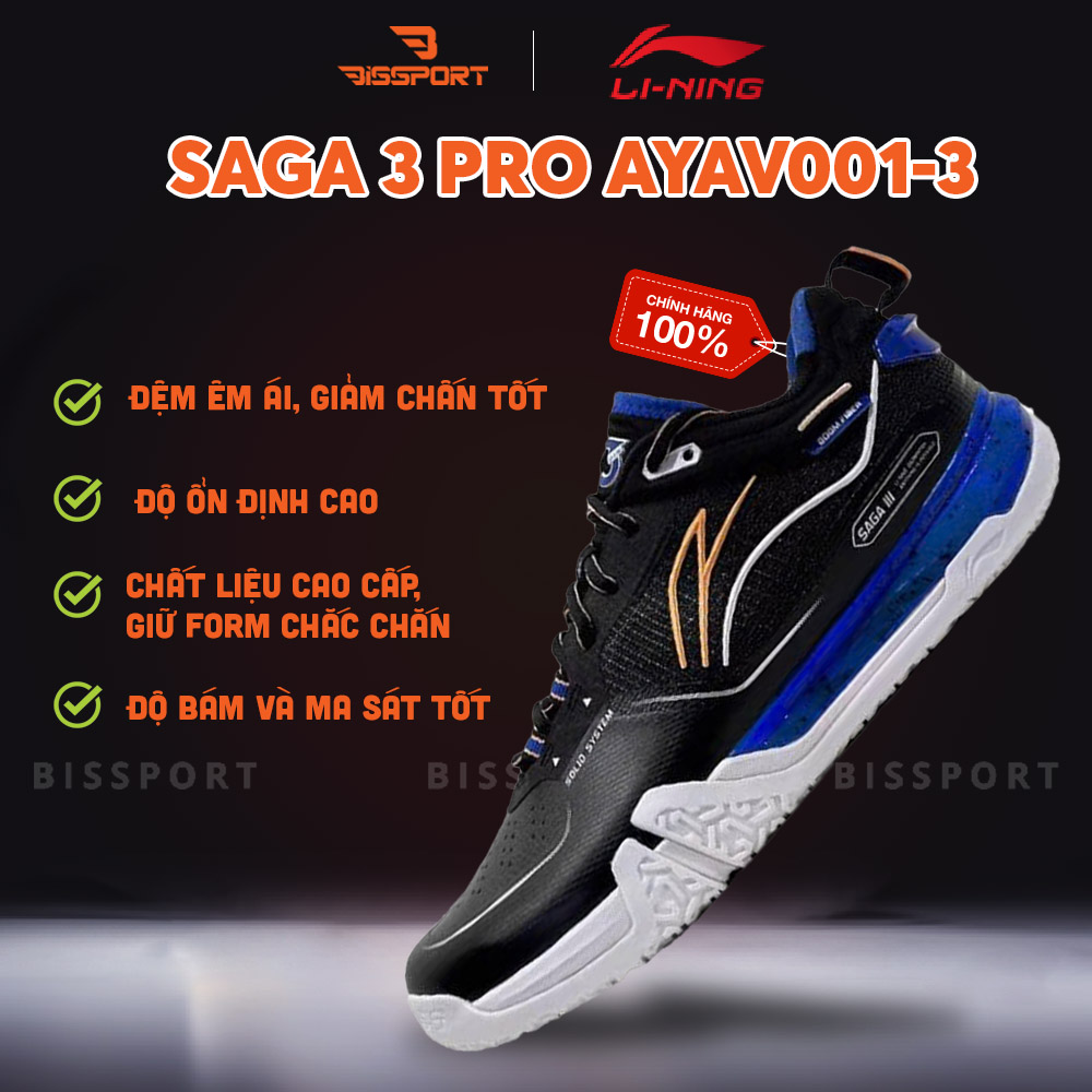 Giày Cầu Lông Lining Saga 3 Pro AYAV001-3 Đen Chính Hãng - Thông Thoáng - Bền - Giảm Chấn - Mềm - Chống Chấn