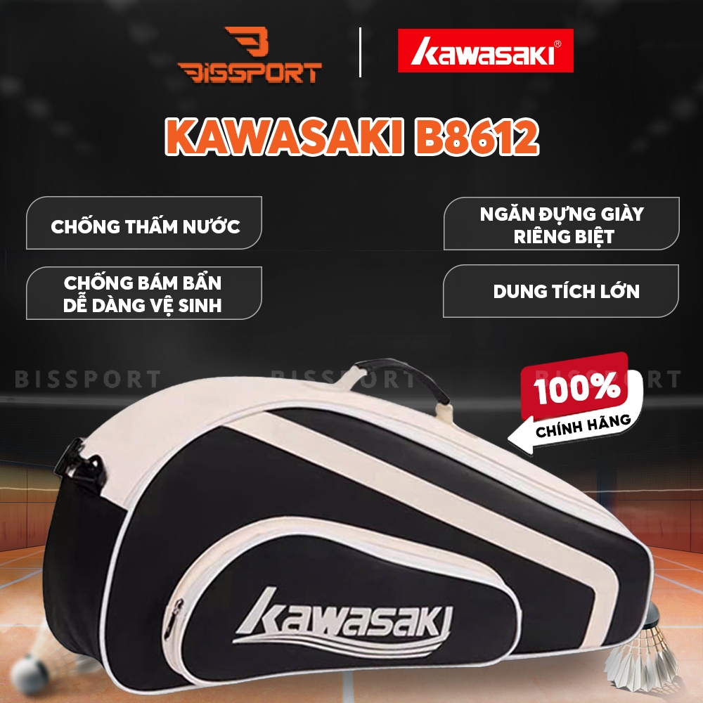 Túi Cầu Lông Kawasaki B8612 Chính Hãng - Đen - 1 Ngăn Chính 1 Phụ - Vải Chống Thấm Nước - Khóa Kéo Siêu Bền