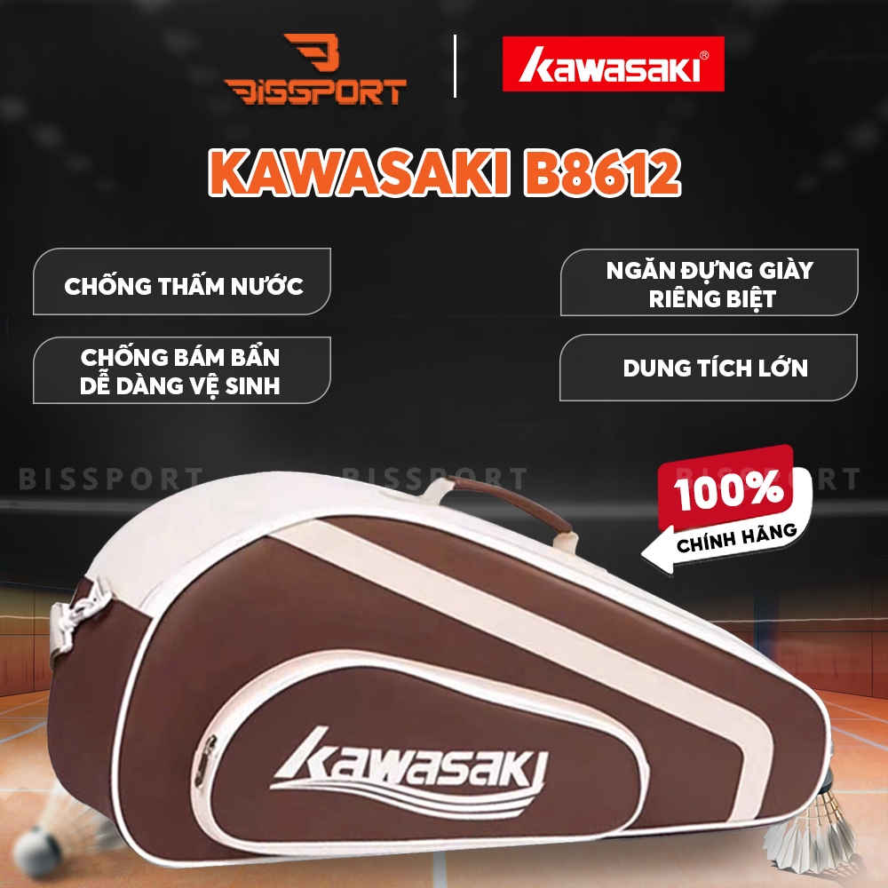 Túi Cầu Lông Kawasaki B8612 Chính Hãng - Nâu - 1 Ngăn Chính 1 Phụ - Vải Chống Thấm Nước - Khóa Kéo Siêu Bền