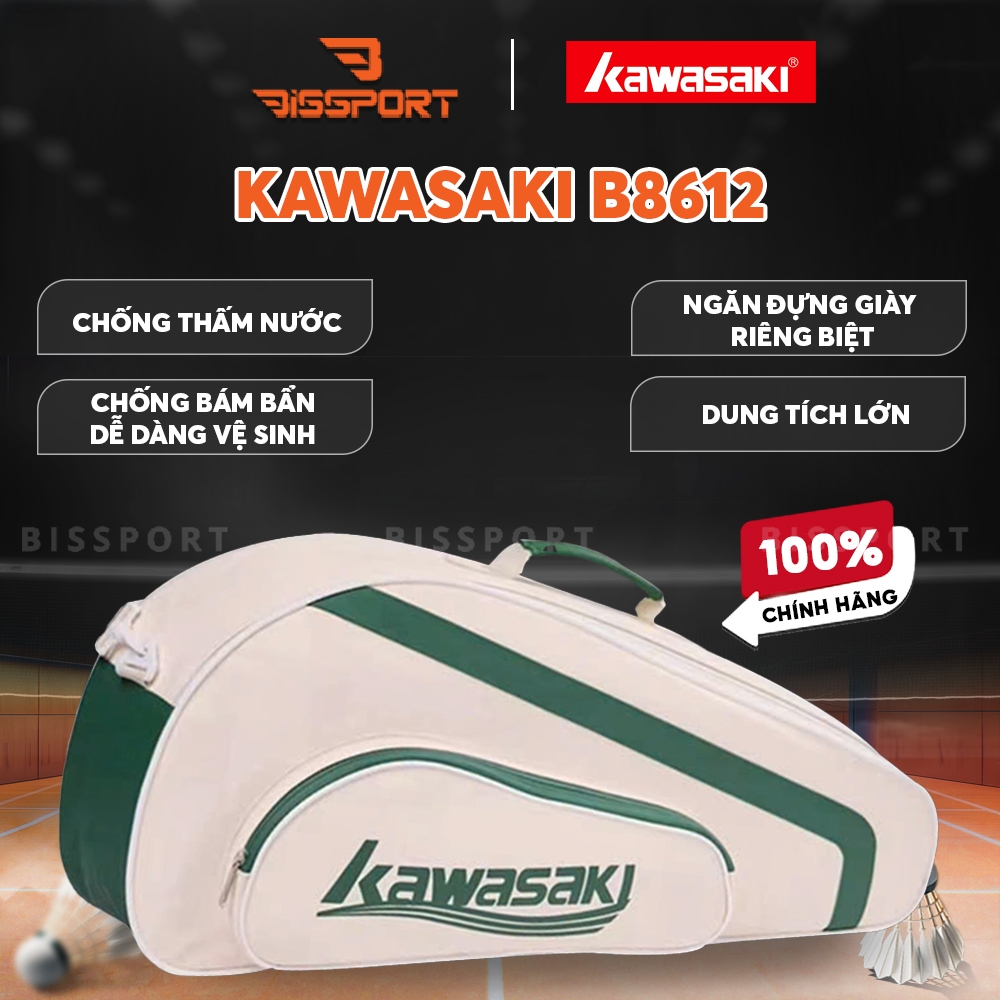 Túi Cầu Lông Kawasaki B8612 Chính Hãng - Trắng Xanh Lá - 1 Ngăn Chính 1 Phụ - Vải Chống Thấm Nước - Khóa Kéo Siêu Bền