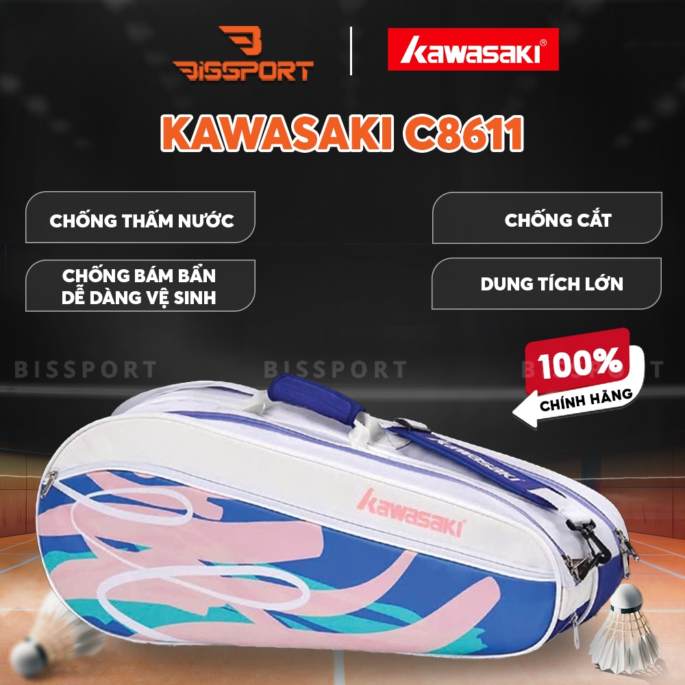 Túi Cầu Lông Kawasaki C8611 Chính Hãng - Hồng Xanh - Túi 2 Ngăn - Vải Chống Thấm Nước - Khóa Kéo Siêu Bền - Tiện Lợi
