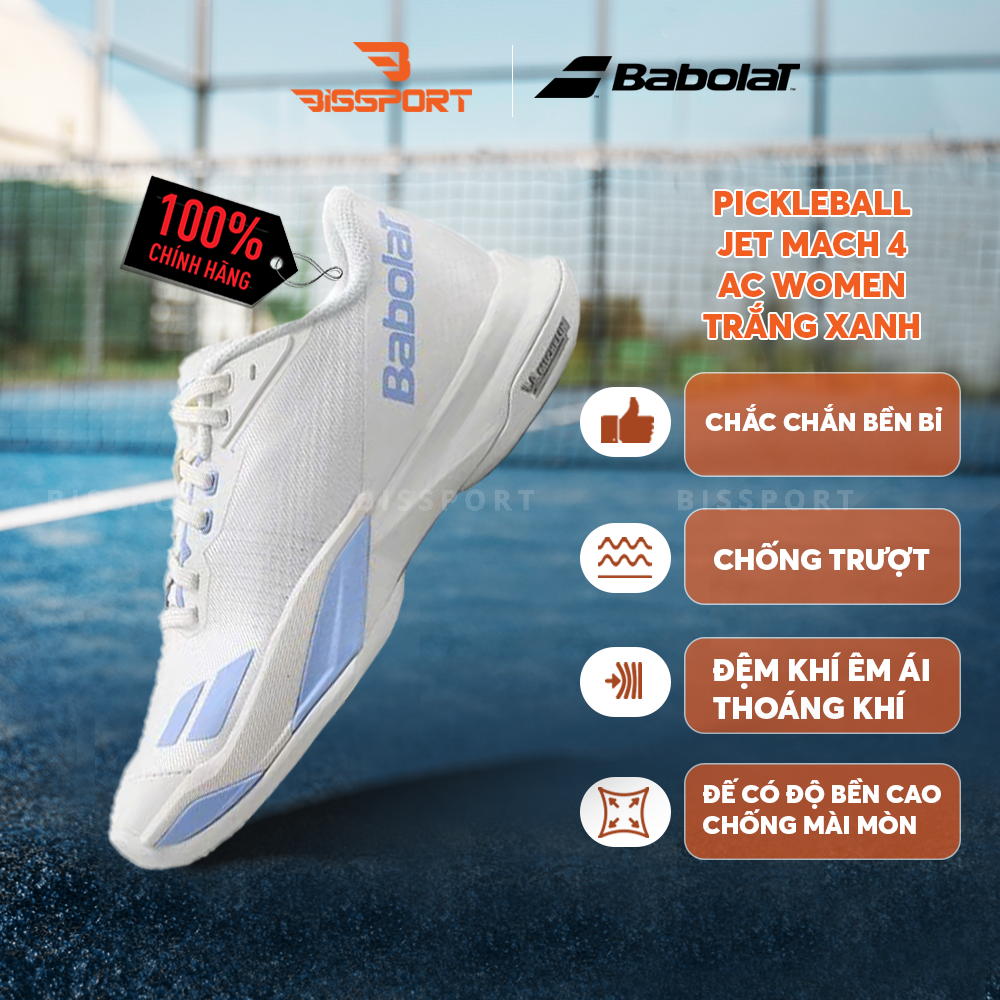 Giày Pickleball/Tennis BABOLAT JET MACH 4 ALL COURT WOMEN Trắng Xanh Chính Hãng - Đế Siêu Bám - Chắc Chân - Linh Hoạt