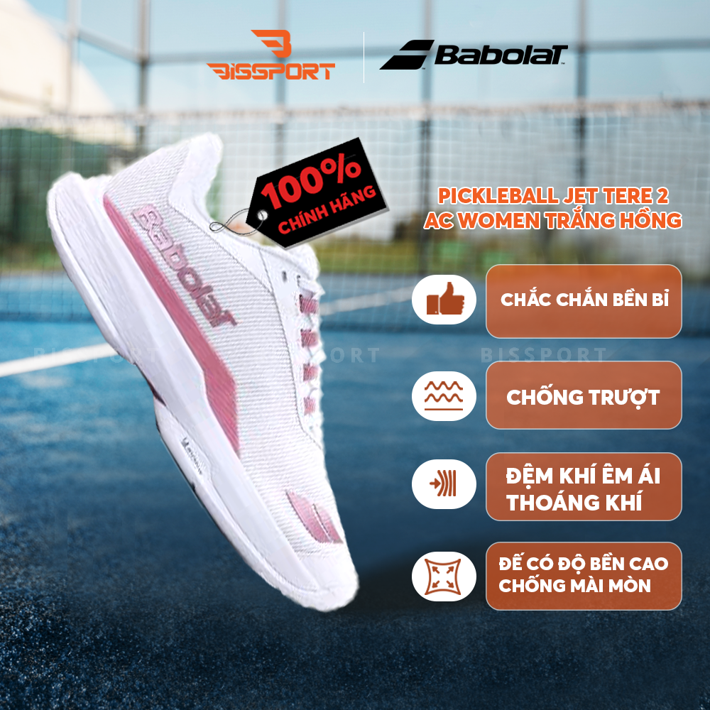 Giày Pickleball/Tennis BABOLAT JET TERE 2 ALL COURT WOMEN Trắng Hồng Chính Hãng - Đế Siêu Bám - Chắc Chân - Linh Hoạt