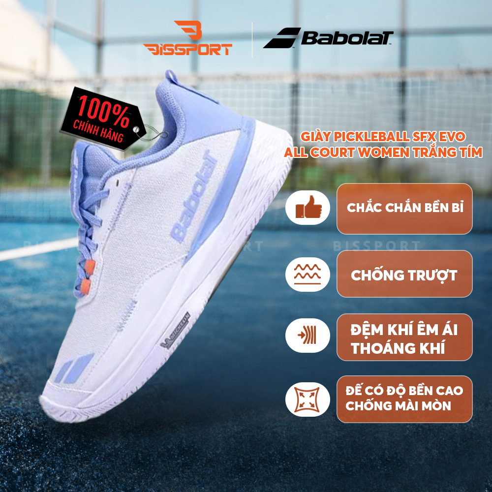 Giày Pickleball/Tennis BABOLAT SFX EVO ALL COURT WOMEN Trắng Tím Chính Hãng - Đế Siêu Bám - Chắc Chân - Bền Bỉ