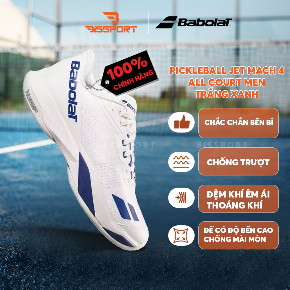 Giày Pickleball/Tennis BABOLAT JET MACH 4 ALL COURT MEN Trắng Xanh Chính Hãng - Đế Siêu Bám - Siêu Bền - Di Chuyển Linh Hoạt