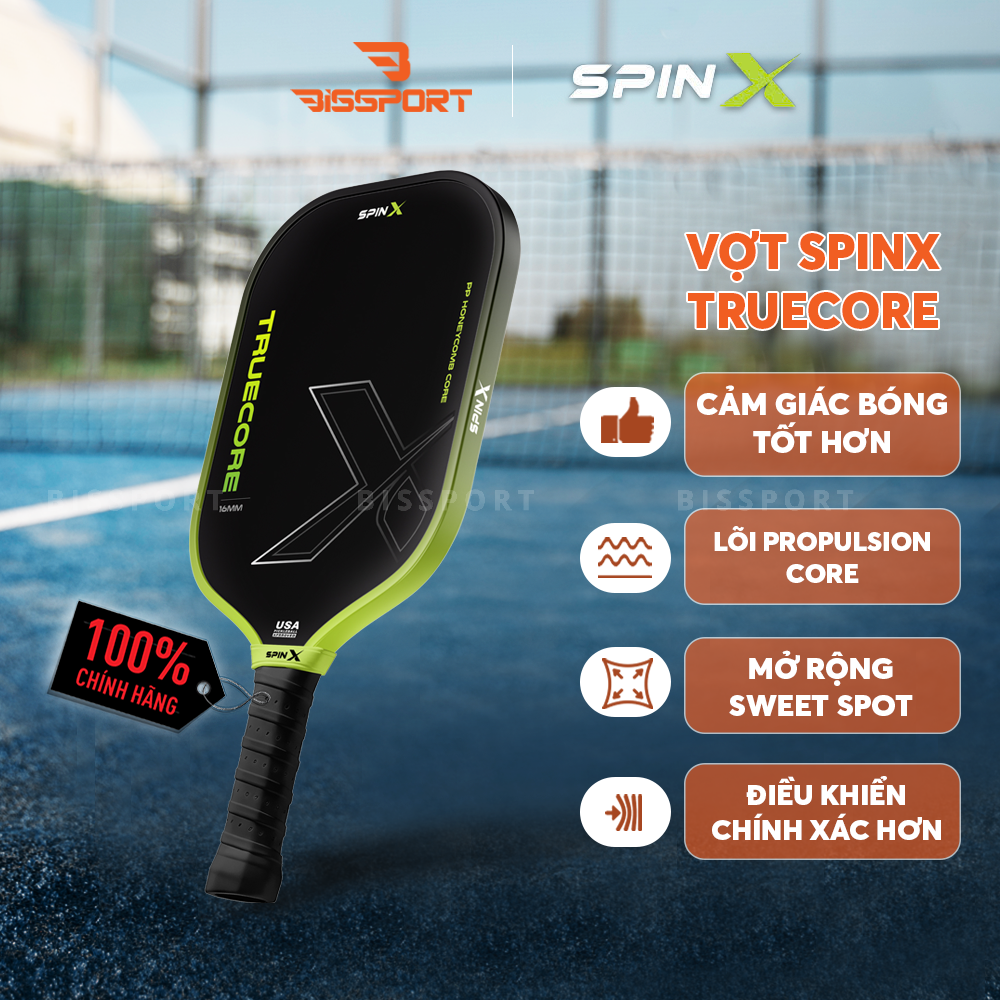 Vợt Pickleball SpinX TrueCore 16MM Chính Hãng - Xanh Lá - Ổn Định – Cảm Giác Bóng Rõ – Kiểm Soát - Bề Mặt T700 Carbon