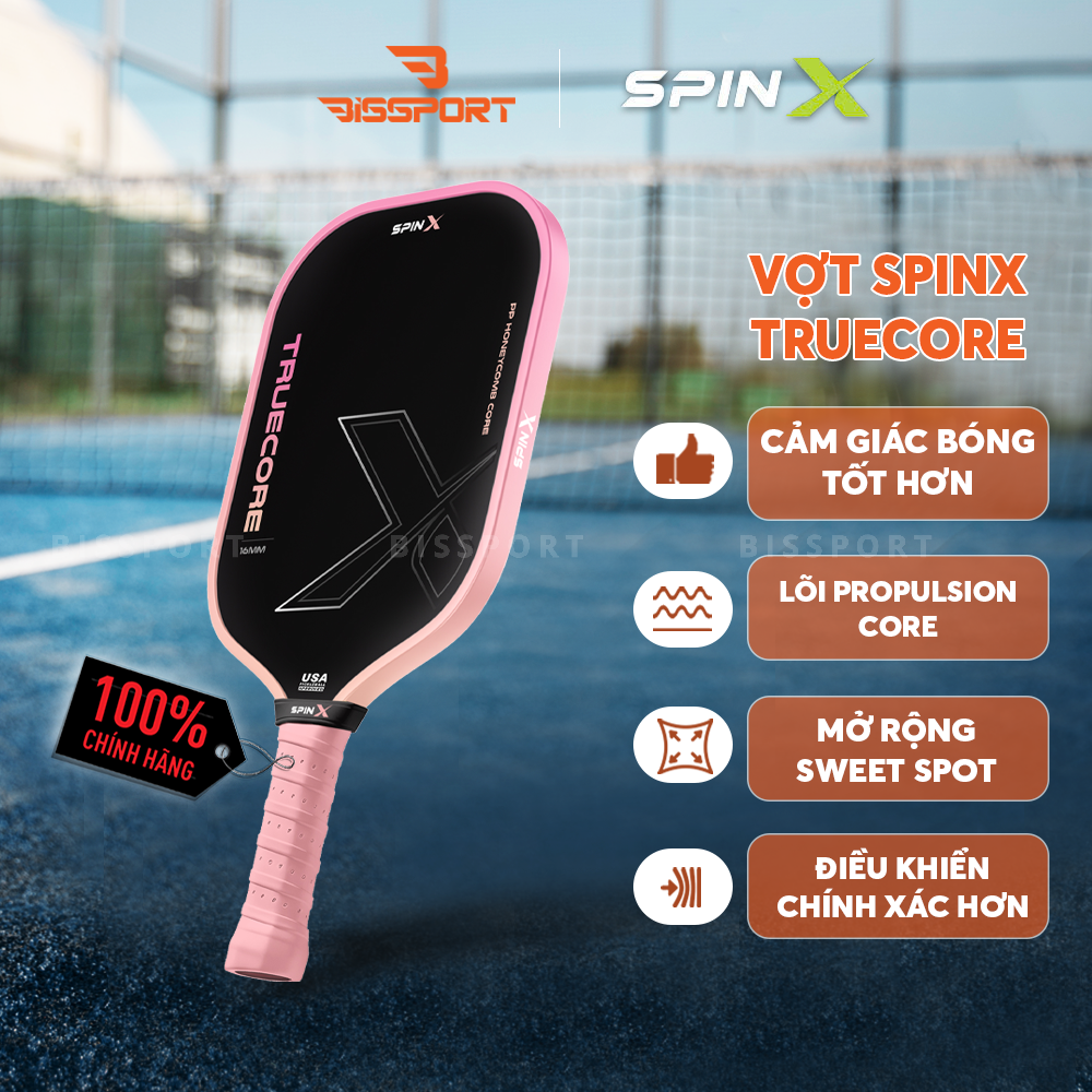 Vợt Pickleball SpinX TrueCore 16MM Chính Hãng - Hồng - Ổn Định – Cảm Giác Bóng Rõ – Kiểm Soát - Bề Mặt T700 Carbon