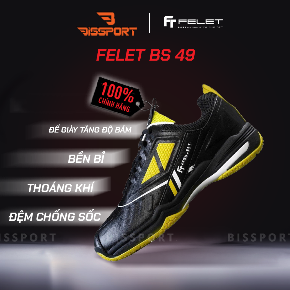 Giày Cầu Lông FELET BS49 Đen Vàng Chính Hãng – Ổn Định, Êm Và Linh Hoạt Trên Sân - Giảm Chấn Cho Chân - Thoáng Khí