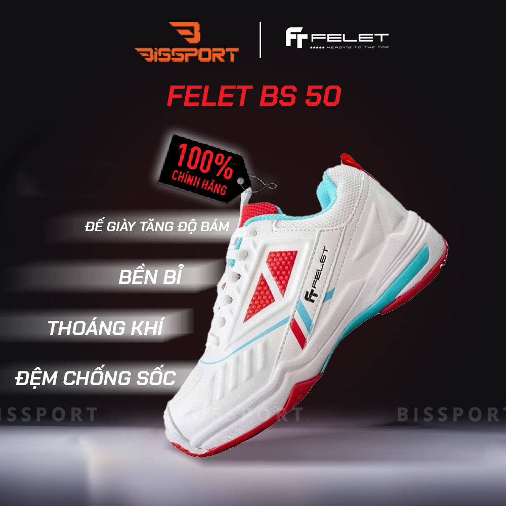 Giày Cầu Lông FELET BS50 Trắng Đỏ Chính Hãng – Ổn Định, Êm Và Linh Hoạt Trên Sân - Giảm Chấn Cho Chân - Thoáng Khí