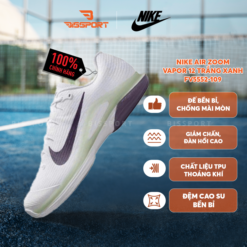 Giày Pickleball/Tennis Nike Air Zoom Vapor 12 Trắng Xanh FV5552-109 Chính Hãng Nhẹ - Phản Hồi Nhanh - Linh Hoạt Trong Từng Bước Di Chuyển