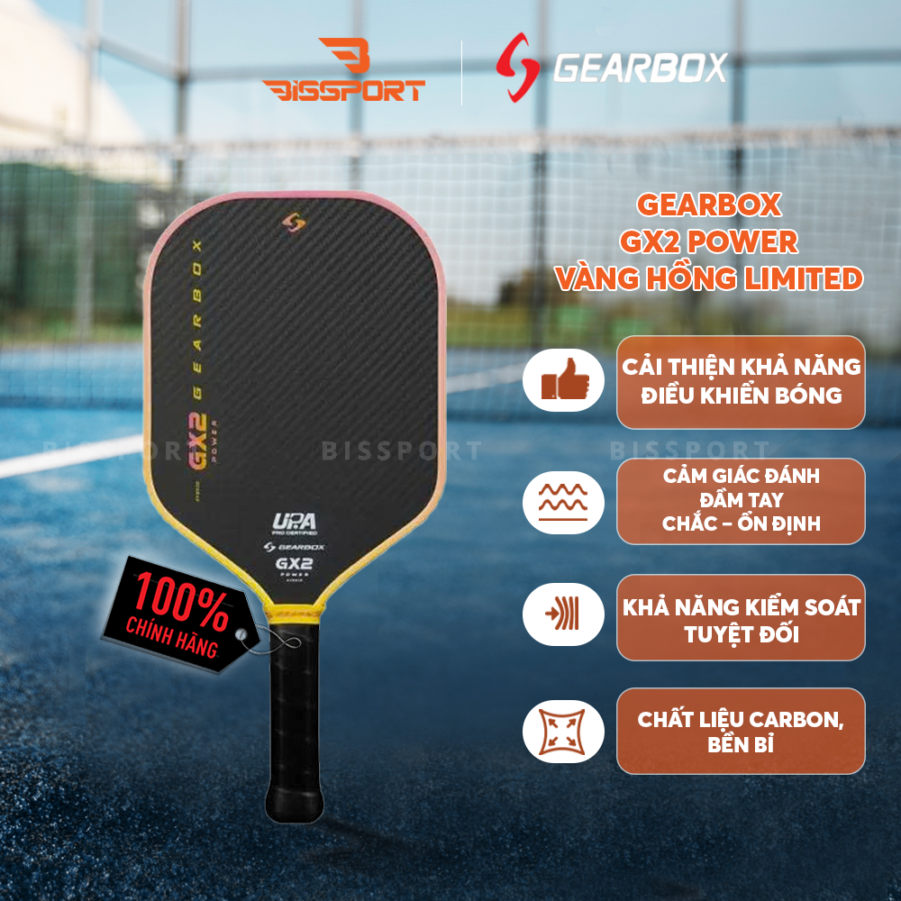 Vợt Pickleball Gearbox GX2 Hybrid Chính Hãng - Vàng Hồng Limited - Mặt Nhám - Trợ Lực - Toàn Diện - Kiểm Soát Tối Ưu