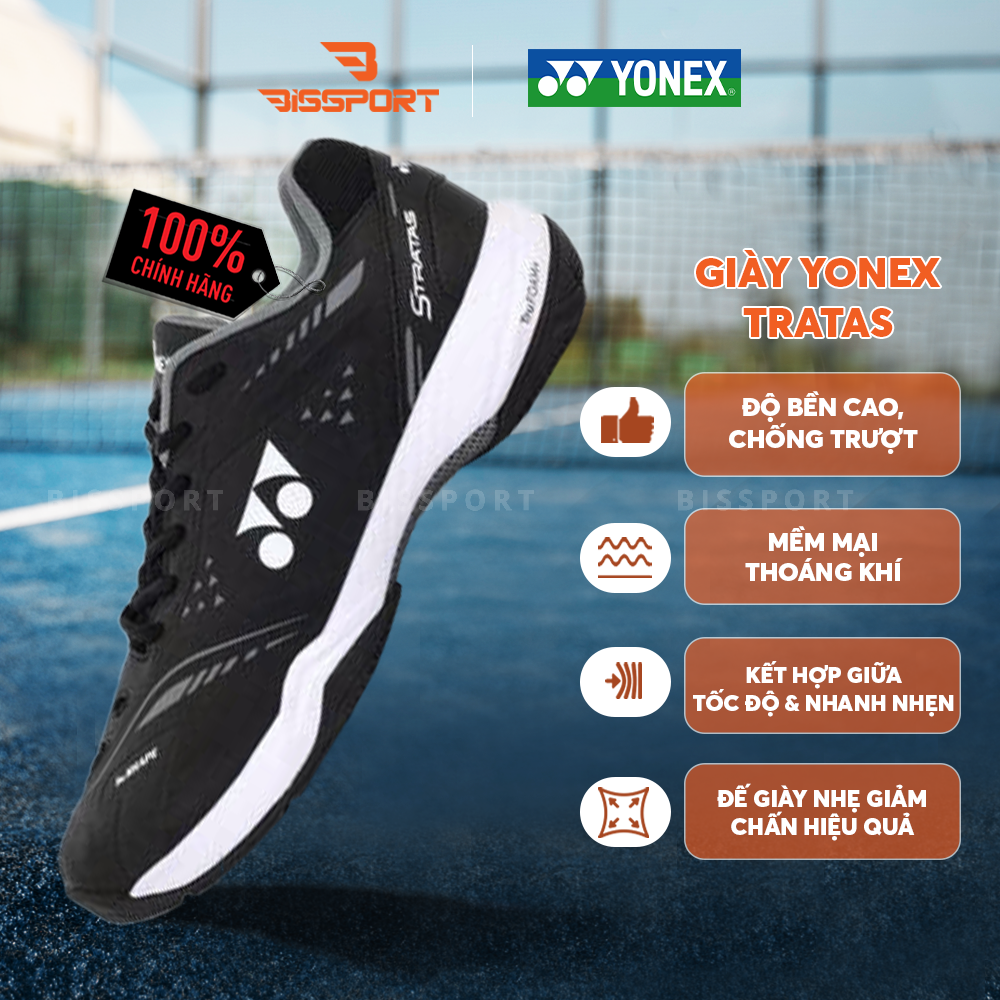 Giày Cầu ông Yonex Stratas Chính Hãng - Đen - Bền Bỉ - Thông Thoáng - Giảm Chấn - Khóa Cổ Chân - Mềm Mại