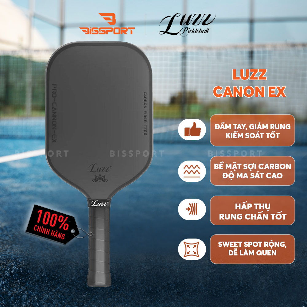 Vợt Pickleball Luzz Canon EX Elongate Chính Hãng - Đen - Carbon Fiber T700 - Đánh Chắc Lực - Ổn Định - Thiên Tấn Công