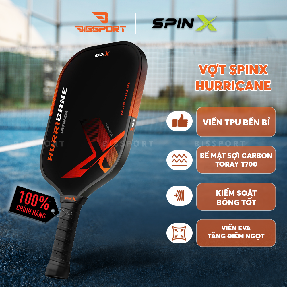 Vợt Pickleball SpinX Hurricane Power Elongate Chính Hãng - Đỏ - Carbon Toray T700 - Full Foam Core - Đánh Chắc