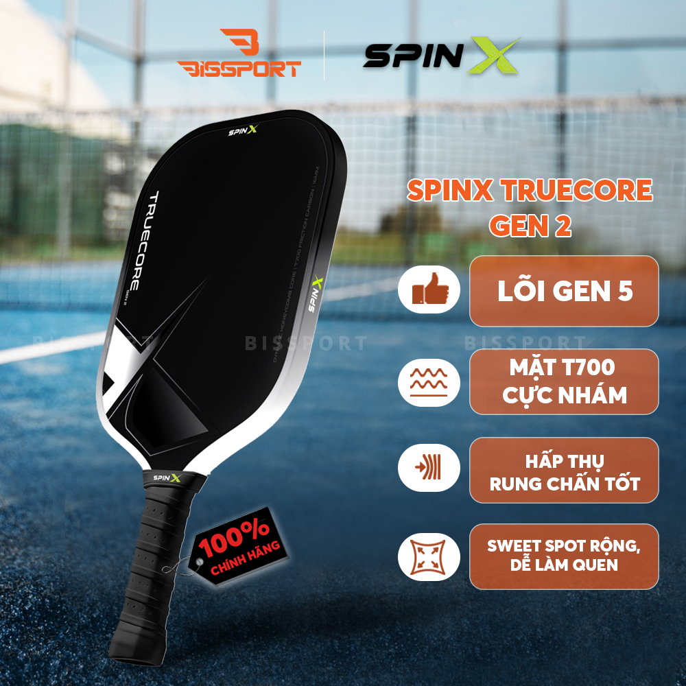 Vợt Pickleball SpinX TrueCore Gen 2 16MM Chính Hãng - Trắng - Ổn Định – Cảm Giác Bóng Rõ – Kiểm Soát - Bề Mặt T700 Carbon