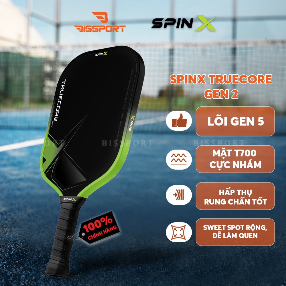 Vợt Pickleball SpinX TrueCore Gen 2 16MM Chính Hãng - Xanh Lá - Ổn Định – Cảm Giác Bóng Rõ – Kiểm Soát - Bề Mặt T700 Carbon