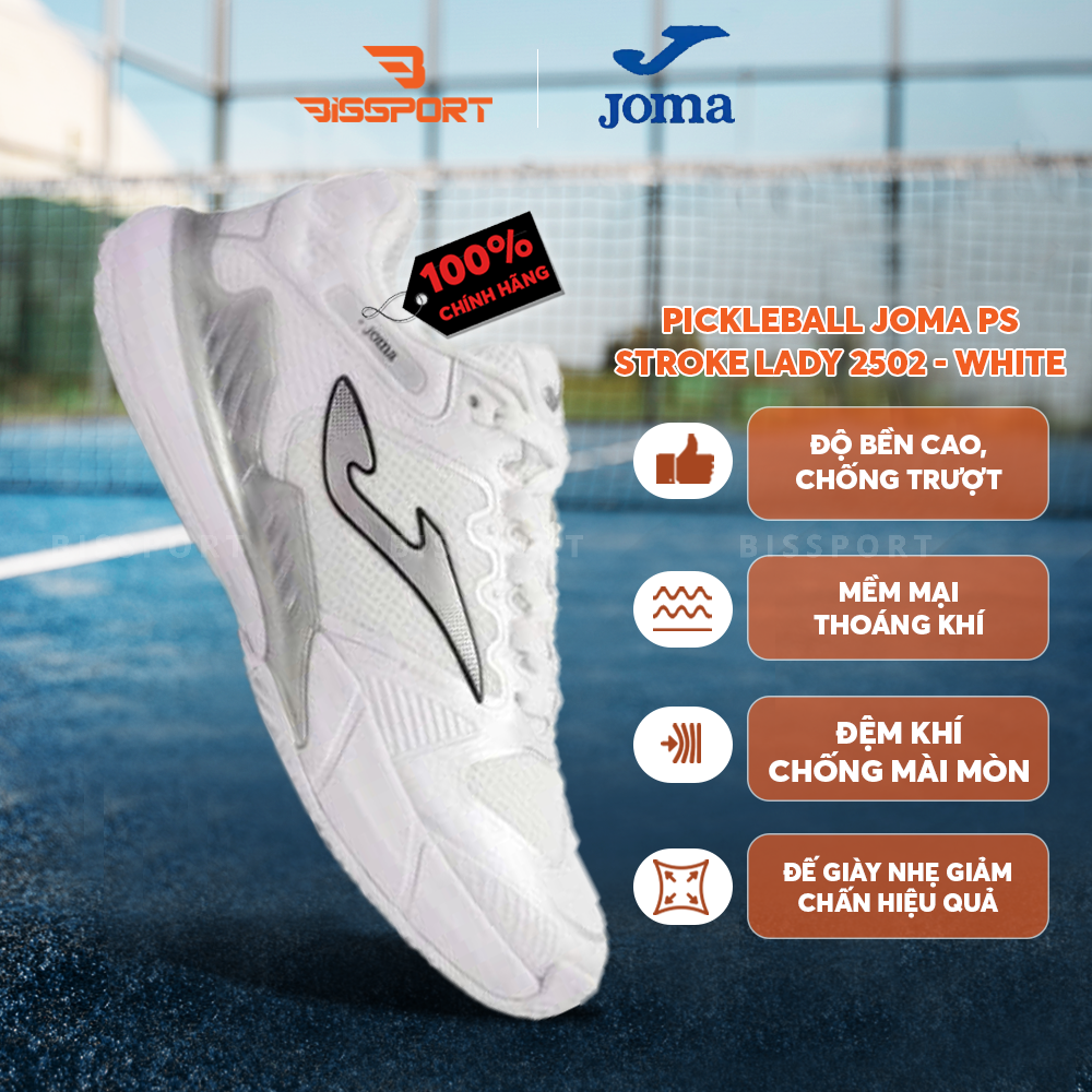 Giày Pickleball/Tenniis Joma PS Stroke Lady 2502 White Chính Hãng - Êm - Chắc Chắn, Bền Bỉ - Thoáng - Bám Sân Ổn Định