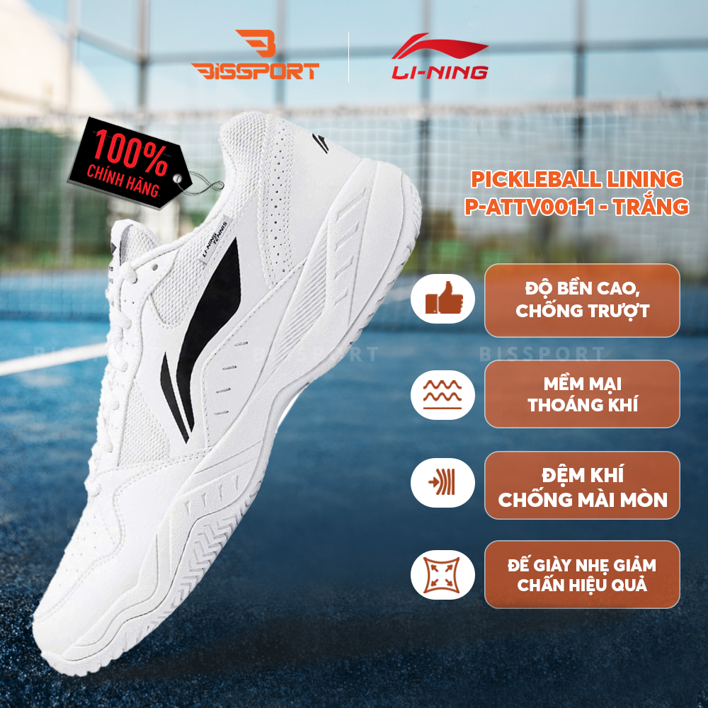 Giày Pickleball/Tennis Lining P-ATTV001-1 Trắng Chính Hãng - Êm - Chắc Chắn, Bền Bỉ - Upper Thoáng Khí - Bám Sân Ổn Định