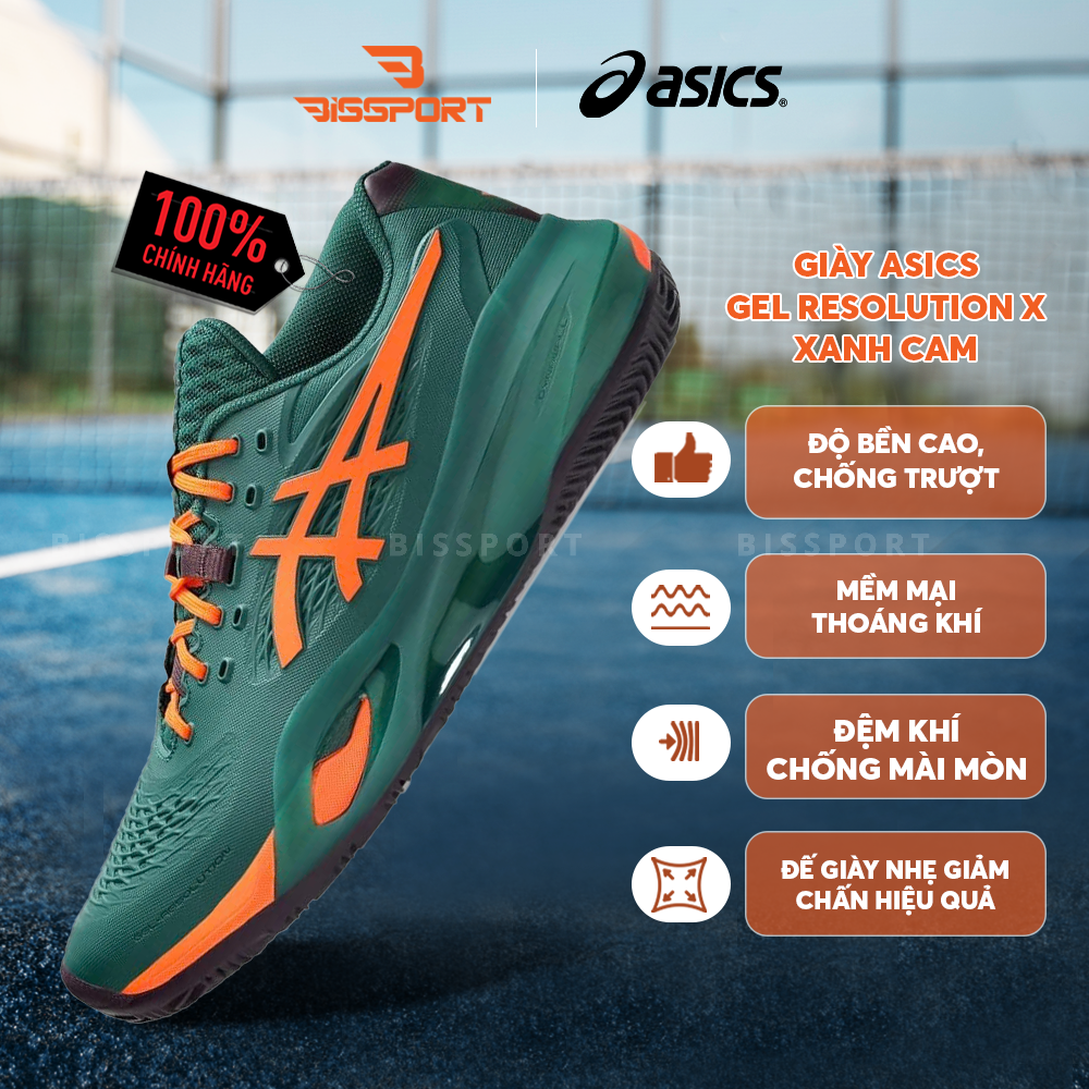 Giày Tennis/Pickleball Asics Gel Resolution X Chính Hãng - Xanh Cam - Ổn Định - Thoáng Khí - Nhẹ Giảm Chấn - Bền Bỉ