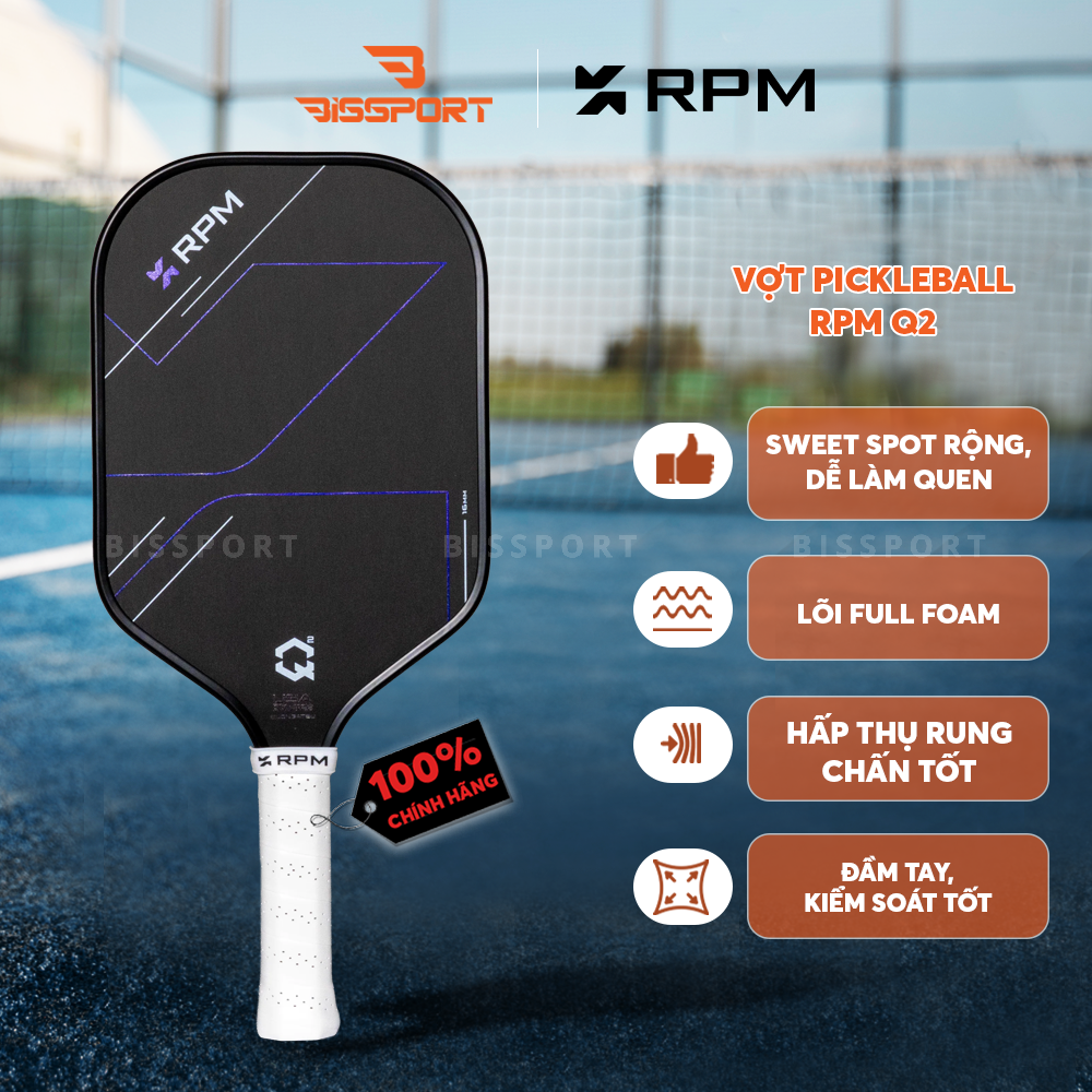 Vợt Pickleball RPM Q2 Elongate 16mm Chính Hãng - Kiểm Soát - Siêu Xoáy - Cấu Trúc Foam Core - Bền Bỉ - Toàn Diện