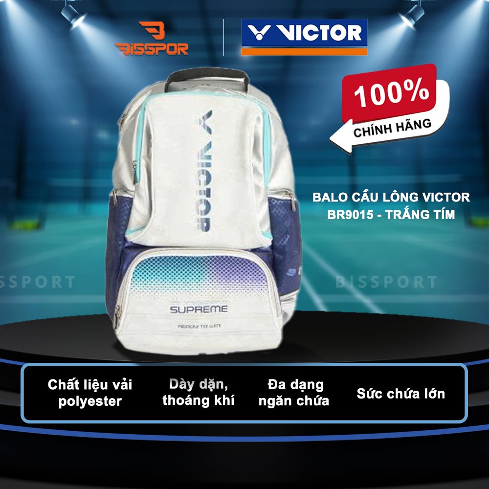 Balo Cầu Lông Victor BR9015 Chính Hãng - Trắng Tím - Tiện Dụng - Chắc Chắn - Nhẹ - Ổn Định - Có Ngắn Đựng Vợt Riêng