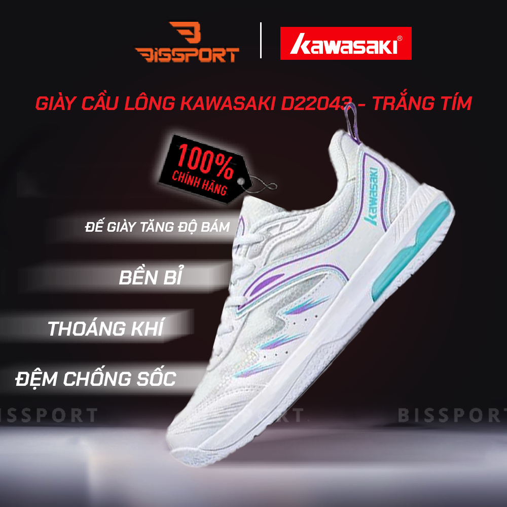Giày Cầu Lông Kawasaki D22043 Trắng Tím Chính Hãng - Đế Bám Mọi Sân - Bền Bỉ - Nhẹ Nhàng - Ổn Định - Êm Ái