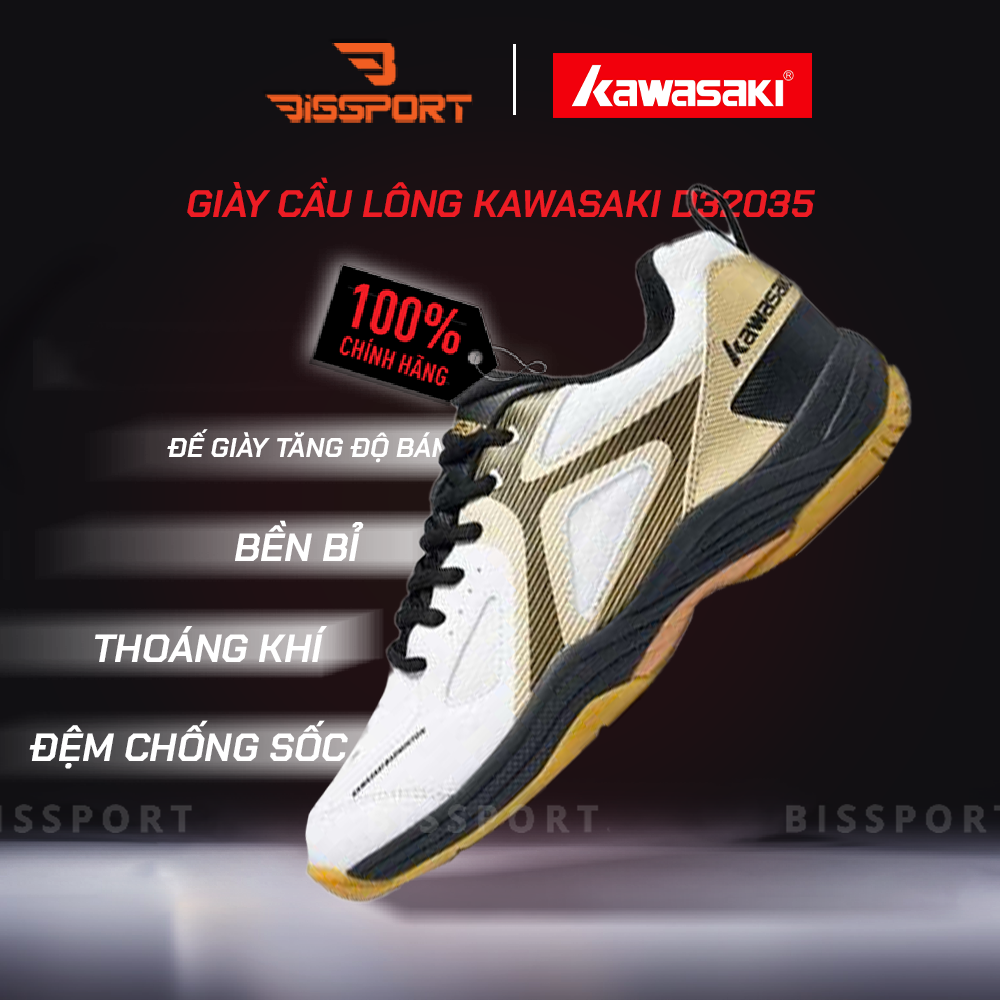 Giày Cầu Lông Kawasaki D32035 Chính Hãng - Đen Vàng - Đế Bám Mọi Sân - Bền Bỉ - Nhẹ Nhàng - Ổn Định - Êm Ái