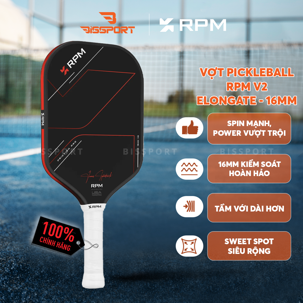 Vợt Pickleball RPM V2 Elongate 16mm Chính Hãng - Đầm - Bền Bỉ - Toàn Diện - Siêu Xoáy - Lõi Polymer Honeycomb - Chắc Tay