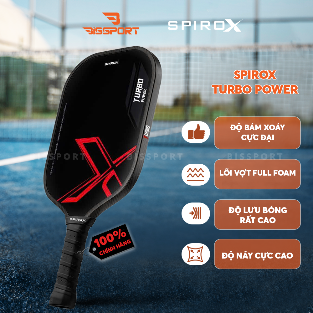 Vợt Pickleball SpiroX Turbo Power Elongate Chính Hãng - Đỏ - Carbon Toray T700 - Full Foam Core - Đánh Chắc