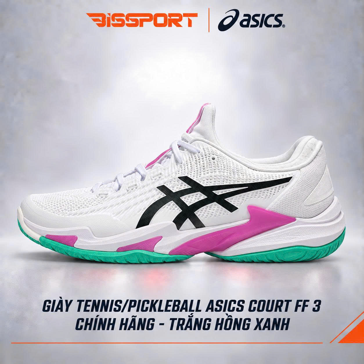 Giày Tennis/Pickleball Asics Asics Court FF3 Chính Hãng - Trắng Hồng Xanh - Êm Ái, Ổn Định - Giảm Chấn - Bám Mọi Sàn