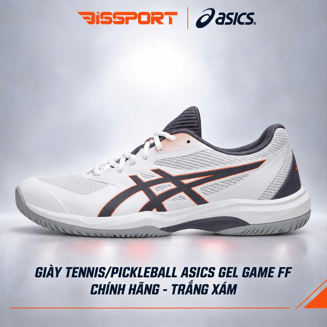 Giày Tennis/Pickleball ASICS GAME FF Chính Hãng - Trắng Xám - Nhẹ Đế Bám Sân - GEL™ Giảm Chấn - Thoáng Khí - Linh Hoạt