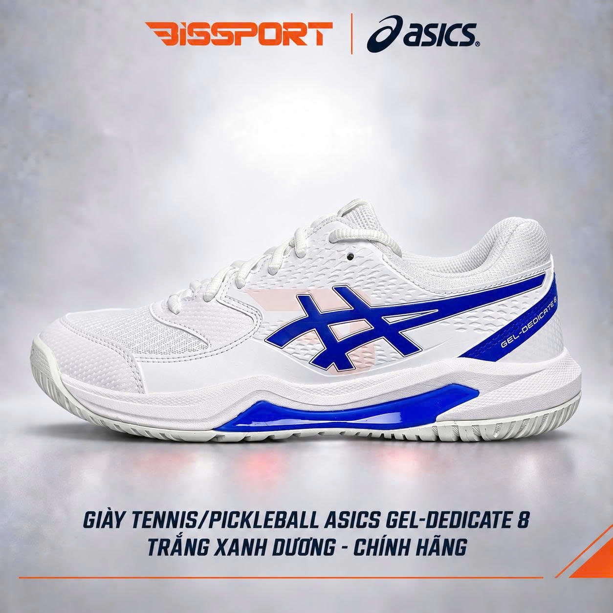 Giày Tennis/Pickleball Dedicate 8 Cao Cấp – Trắng Xanh Dương – Nhẹ, Bám Sân – Công Nghệ GEL™ Giảm Chấn – Thoáng Khí