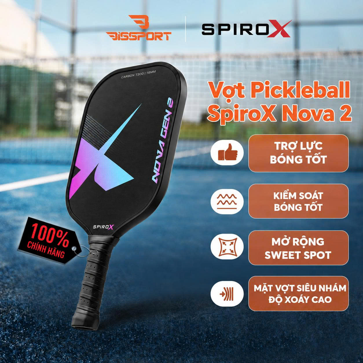 Vợt Pickleball SpiroX NOVA 2 Chính Hãng - Màu Hồng - 16mm - Bền Bỉ - Siêu Nhám - Chuẩn Thi Đấu USA - Toàn Diện - Ổn Định
