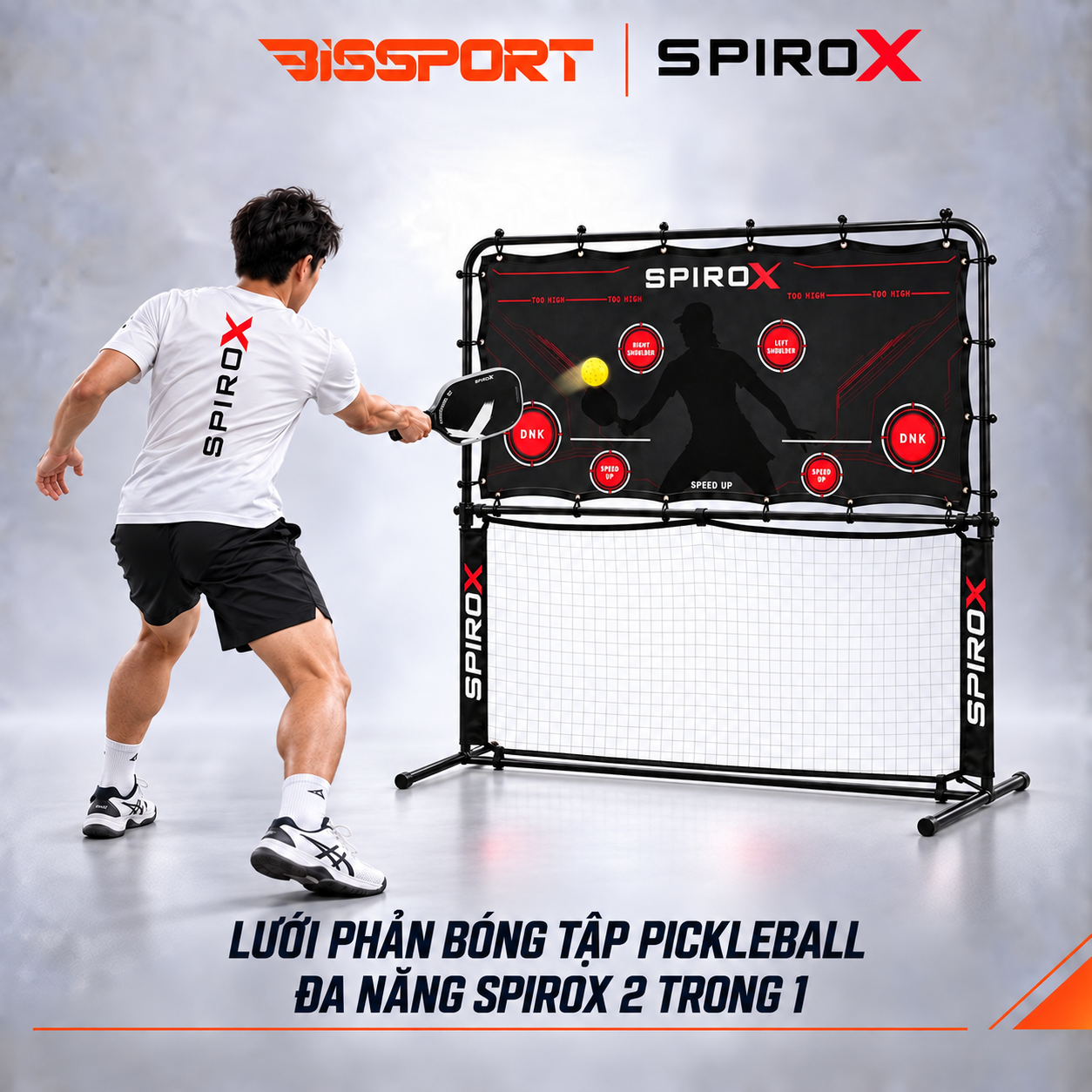 Bộ Khung Lưới Phản Bóng Pickleball SpiroX Chính Hãng - 2in1 - Mặt Lưới Phản Hồi Cao - Khung Hợp Kim Cứng Cáp - Tiện Lợi