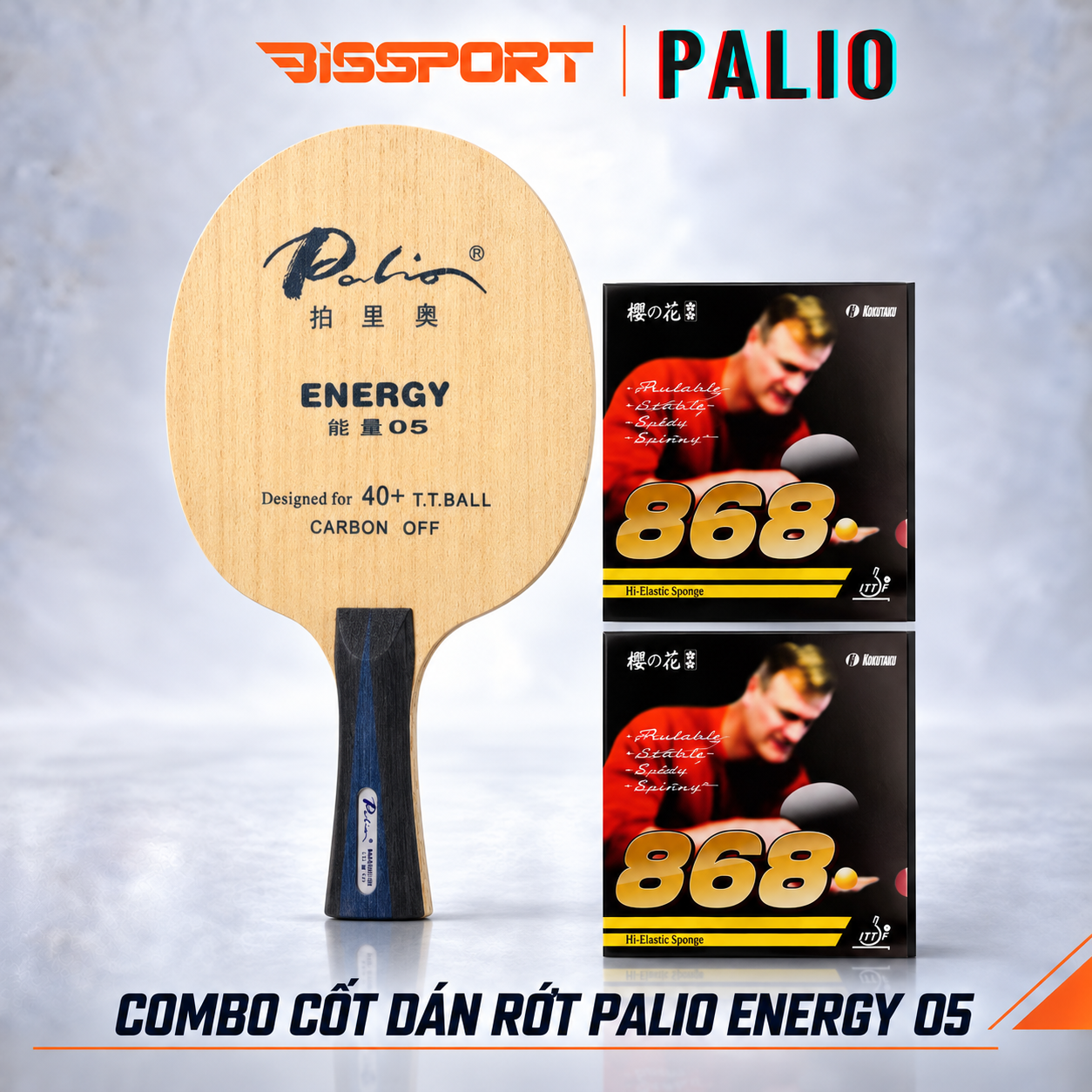 Combo Vợt Bóng Bàn Dán Rời Chuyên Nghiệp : Cốt Palio Energy 05 ( 5 gỗ 2 carbon ) + 2 Mặt Kokutaku 868