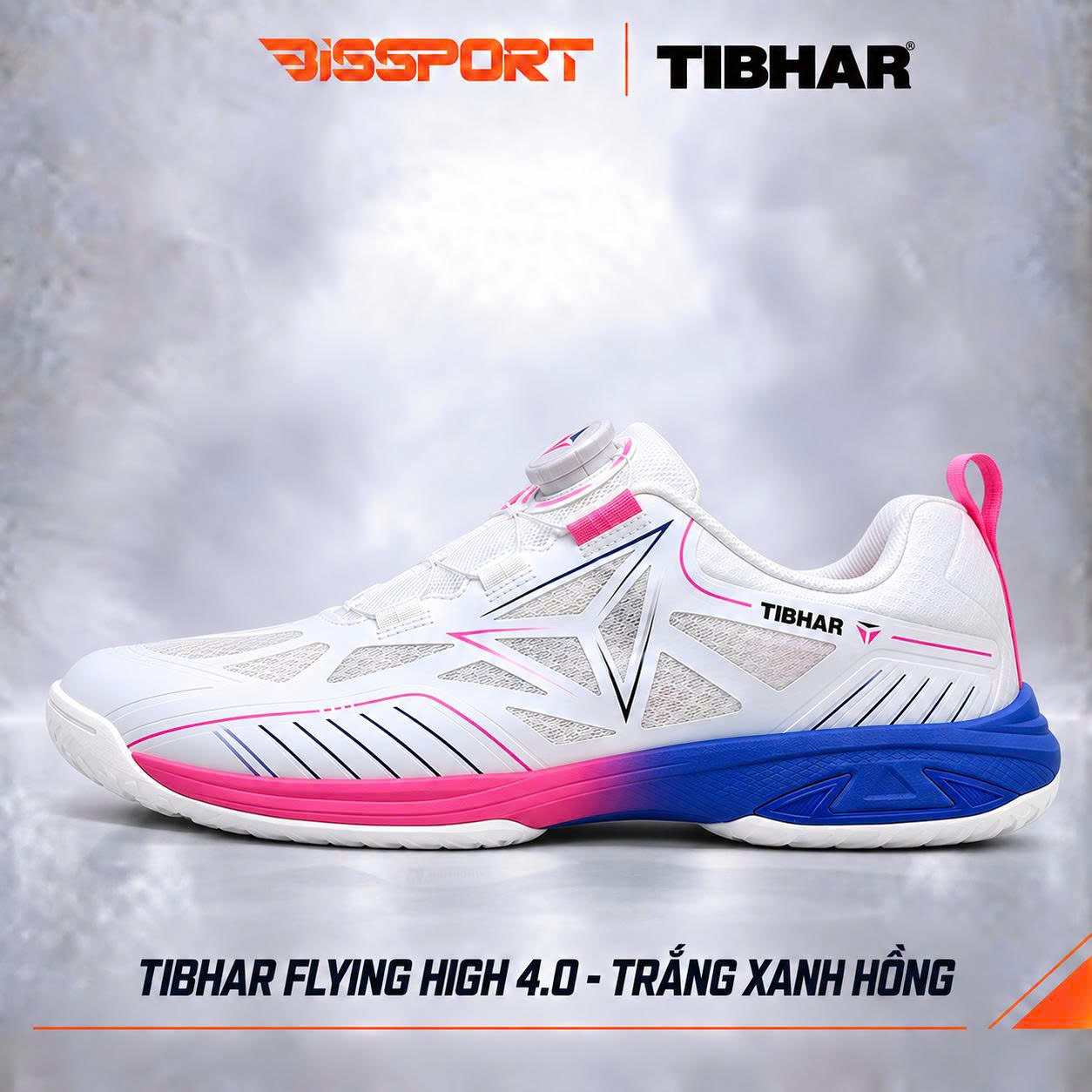 Giày Bóng Bàn TIBHAR Flying High 4.0 02603 Chính Hãng - Trắng Xanh Hồng - Nhẹ Và Bám Sàn - Thoáng Khí - Chống Trượt