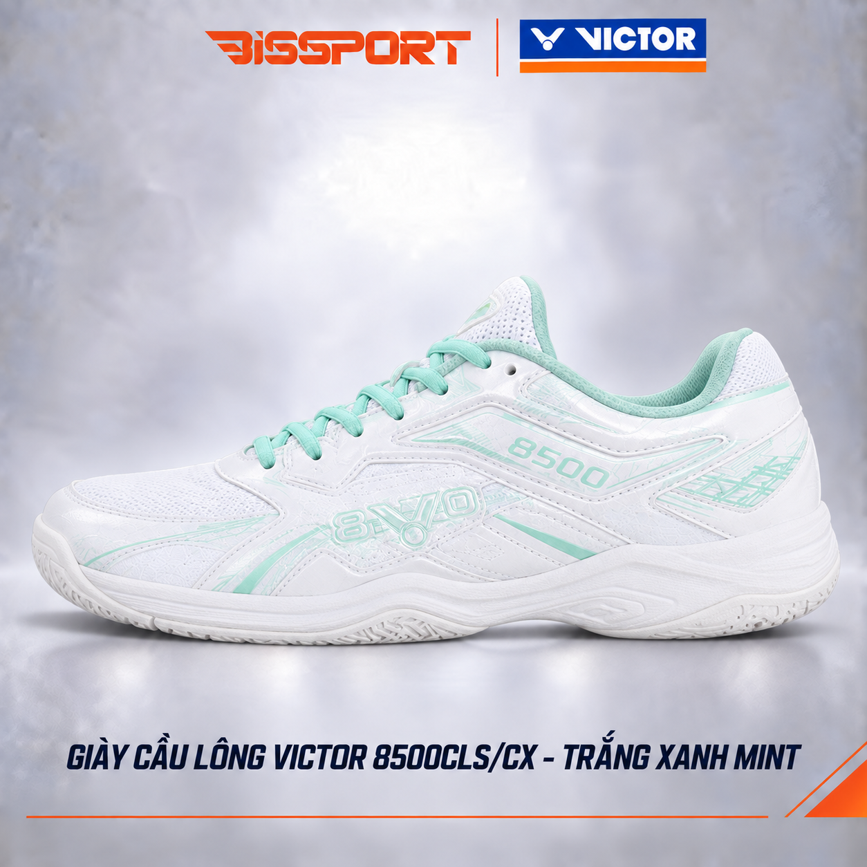 Giày Cầu Lông Victor 8500CLS/RA Chính Hãng - Trắng Xanh Mint - Form Ôm - Bám Sàn - Chất Da PU Siêu Bền - Thoáng - Bền